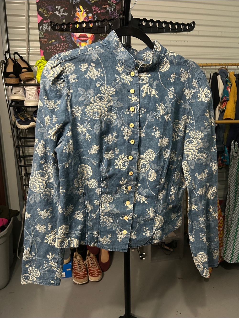 Ralph Lauren Blue Denim Floral Button-Up Shacket linen cotton size 8